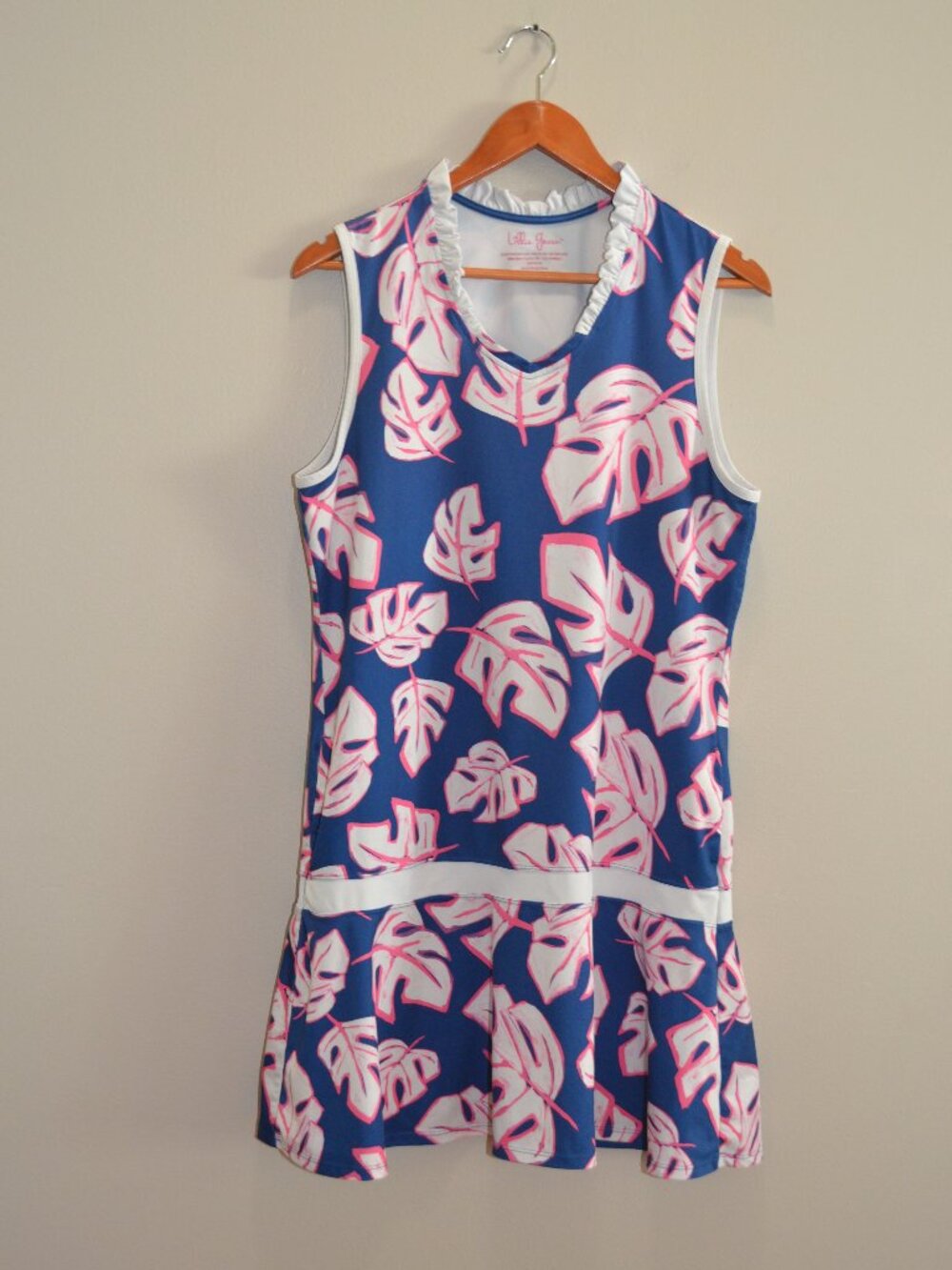 Lillie Green Ruffle Trim Sleeveless Dress UPF 50 Blue Pink Monstera Palm Leaf L